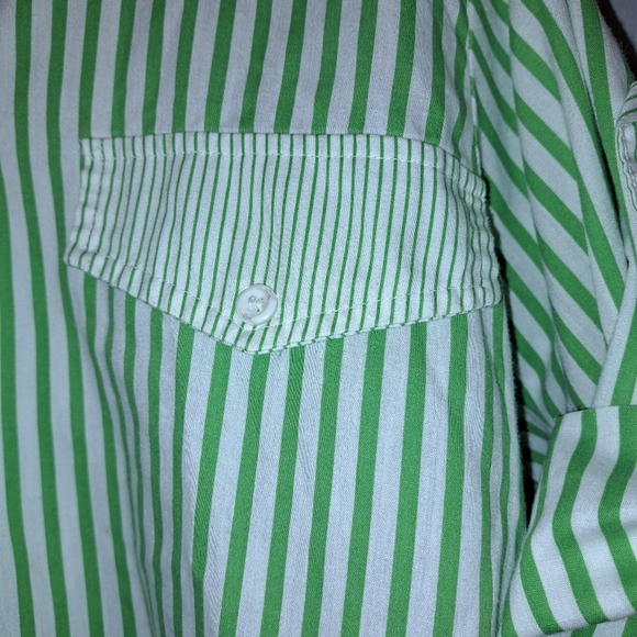 Vintage Casey & Max 3/4 Sleeve Button Front Green/White Stripe Button Tab Shirt - Picture 9 of 10